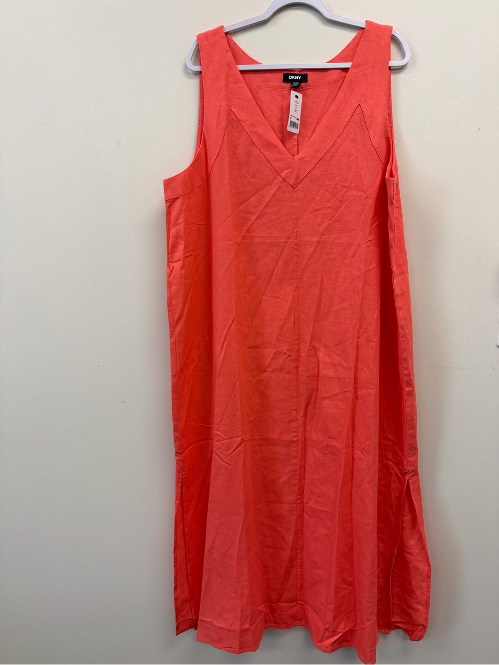NWT DKNY Coral V-Neck Sleeveless Linen Maxi Dress Size XXL